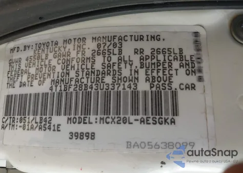 2003 Toyota Avalon Xls z USA, uszkodzony, nr VIN 4T1BF28B43U337143